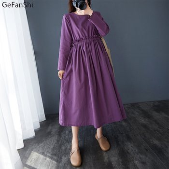 Sukienka casualowa damsko-jesienna z 2021 roku, solidna, wykonana z bawełnianego lnu, o klasycznym dekolcie O-Neck