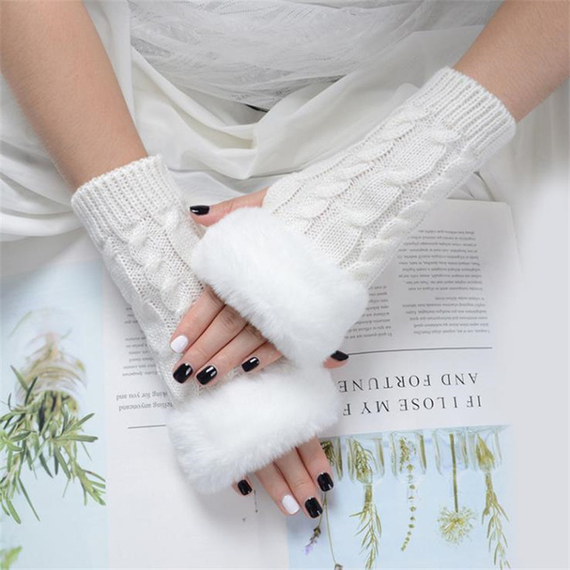 Wygodne damskie rękawiczki zimowe 2021 Faux futro ramię szydełkowe bez palców - tanie ubrania i akcesoria