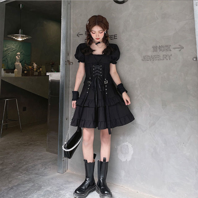Czarna sukienka mini Goth Punk Kawaii Lolita z koronką dla kobiet - tanie ubrania i akcesoria