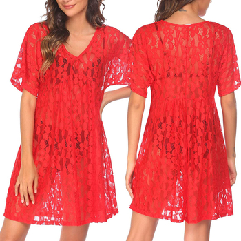 Sukienka plażowa damska z dekoltem w szpic i krótkim rękawem - Cover-up przezroczysta sukienka na lato (czarny/czerwony/biały)