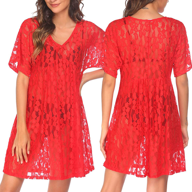 Sukienka plażowa damska z dekoltem w szpic i krótkim rękawem - Cover-up przezroczysta sukienka na lato (czarny/czerwony/biały) - tanie ubrania i akcesoria