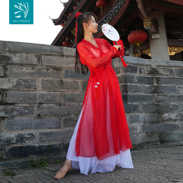 Czerwona sukienka klasycznego chińskiego tańca ludowego damska 4-sztukowa+ spodnie, chustka na głowę - tanie ubrania i akcesoria
