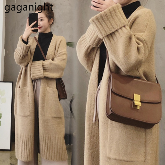 Długi, swobodny sweter damski Gaganight Casual Loose - jesienno-zimowa moda 2021, kardigan Maxi, koreański styl OL, gruby - tanie ubrania i akcesoria