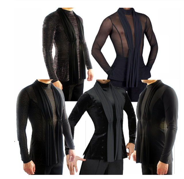 Fantazyjna, dostosowana latynoska koszula męska do tańca - czarna, długie rękawy, wysoka jakość stretch - tanie ubrania i akcesoria