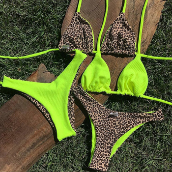Kostium kąpielowy Miyouj Leopard dla kobiet: sexy bikini plażowe w żebrowaną tkaninę - strój damski w zestawie z dwustronnym stringiem
