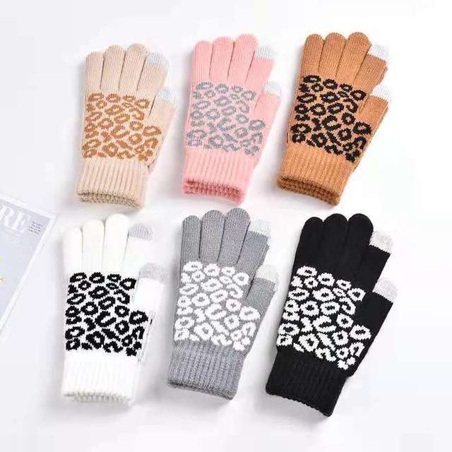 Damskie rękawiczki z dzianiny z kaszmiru Moda Lepoard - ciepłe, grube, dotykowe rękawiczki zimowe dla dorosłych, palce z zagęszczającymi wstawami - tanie ubrania i akcesoria