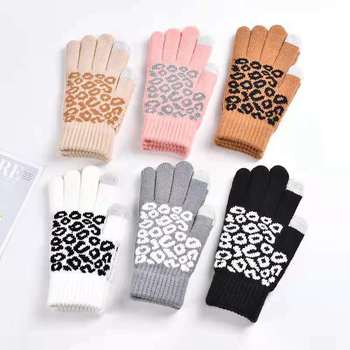 Damskie rękawiczki z dzianiny z kaszmiru Moda Lepoard - ciepłe, grube, dotykowe rękawiczki zimowe dla dorosłych, palce z zagęszczającymi wstawami