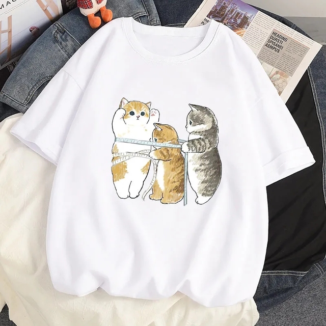 Nowe koszulki damskie z krótkim rękawem - 100% bawełna, styl Harajuku, kociak Cartoon, Anime, luźny Ulzzang INS letnie T-Shirt - tanie ubrania i akcesoria