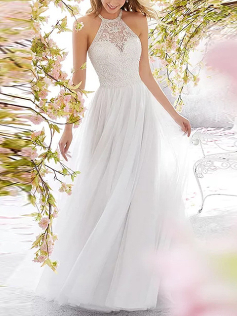2021 Nowa Moda Sukienka Biała Koronkowa Długa Bez Rękawów Halter Dla Druhen - Wyjątkowe Sukienki na Bal - tanie ubrania i akcesoria