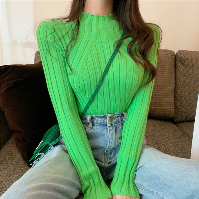 Damski sweter Vintage Tight z półgolfem, kolor zielony, idealny na jesień i zimę - tanie ubrania i akcesoria