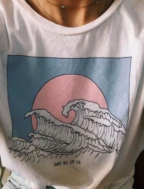 Biała koszulka z nadrukiem oceanicznej fali, w stylu Tumblr, inspirowana latami 90., typu T-Shirt - kobiecy top na lato, Harajuku Streetwear - tanie ubrania i akcesoria