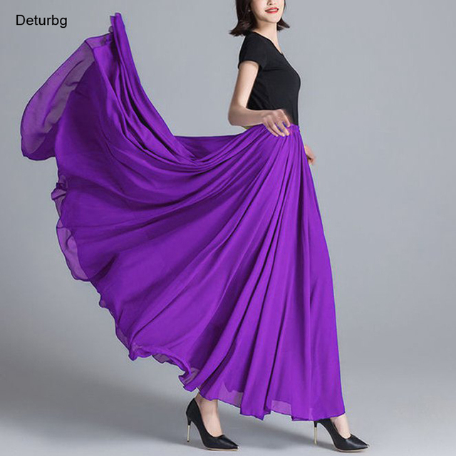 Długa spódnica damskiego trapezu z wysokim stanem, eleganckie obszycie, 3 warstwy szyfonu - 2021 jesień - tanie ubrania i akcesoria