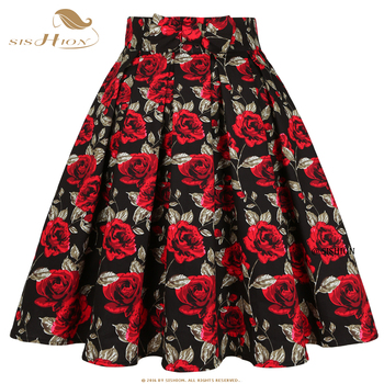SISHION 2021 - Czarna spódnica z kwiatowym nadrukiem róż SS0012 (wysoka talia, długość za kolano, plisowana)