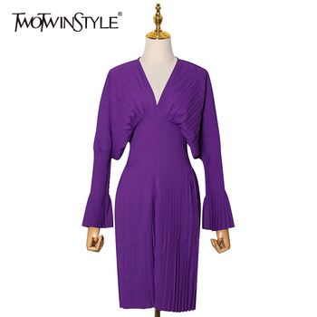 Sukienka plisowana V Neck w stylu Vintage TWOTWINSTYLE - wysoka talia, flare rękaw, elegancki fason