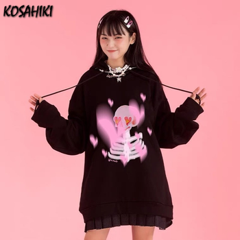 KOSAHIKI - Damska bluza z kapturem goth z nadrukiem czaszki - Y2K Vintage