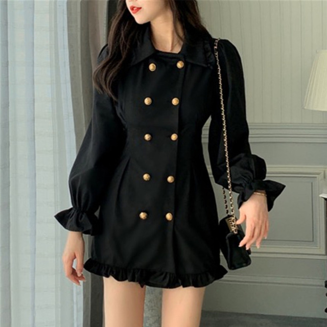 Koreańska sukienka krótka z długim rękawem, styl vintage, czarna, kobieta - tanie ubrania i akcesoria