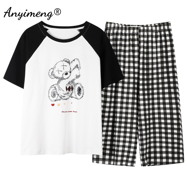 Pijama damska z krótkimi rękawami i spodniami – Preppy styl, bawełniana, nadruk z niedźwiedziem, dla nastolatek - tanie ubrania i akcesoria