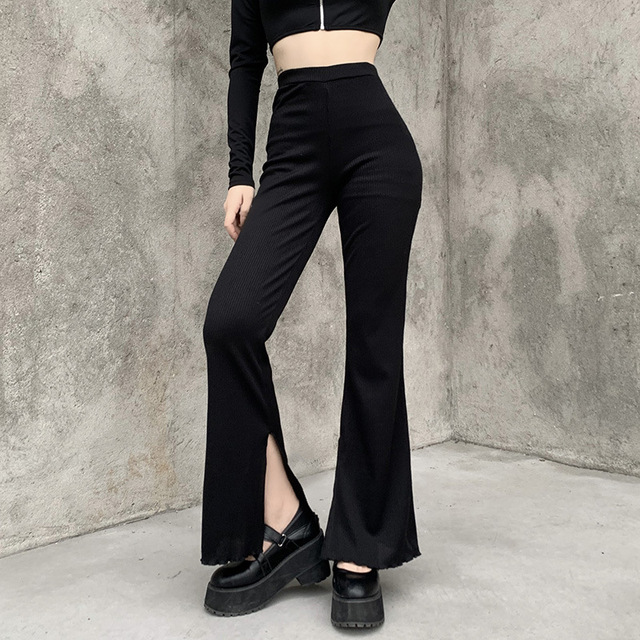 Spodnie damskie Flare z szerokimi nogawkami, wysoki stan, w koreańskim stylu emo i estetyce lat 2000, czarne - tanie ubrania i akcesoria