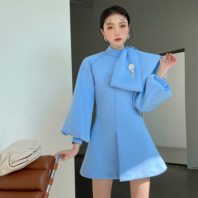 Nowa mini sukienka kobieca, modna odzież na jesień 2021, błękitny, wykonana z mikroelastycznego materiału (N266) - tanie ubrania i akcesoria