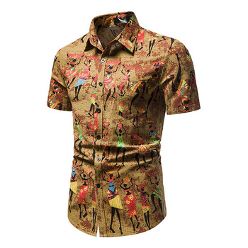 Męska koszula z krótkim rękawem inspirująca styl hawajski w kolorowym wzornictwie afrykańskim, wykonana z mieszanki bawełny i lnu, 3XL