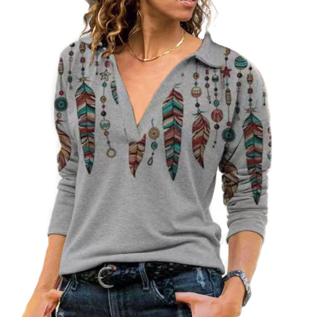 Jesień ubrania Vintage - Damska koszulka z długim rękawem i dekoltem w serek - tanie ubrania i akcesoria