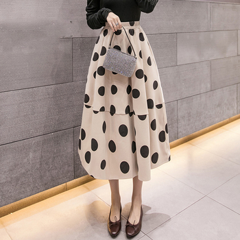 Spódnica kobieca Midi Vintage ze wzorem w kropki i plisowana w stylu koreańskim, dla wiosny i jesieni 2019, z wysokim stanem i długością do połowy łydek