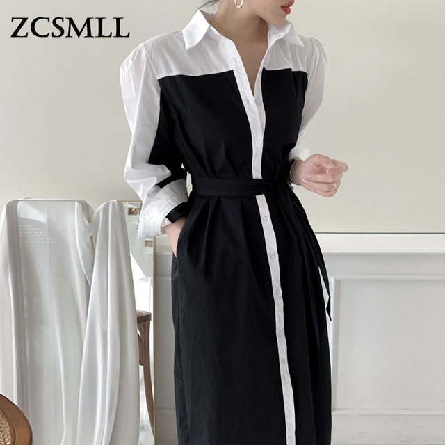 Sukienka długa w stylu koreańskim z kontrastowym kolorem, sznurowana w talii i rękawami francuskiego retro - tanie ubrania i akcesoria