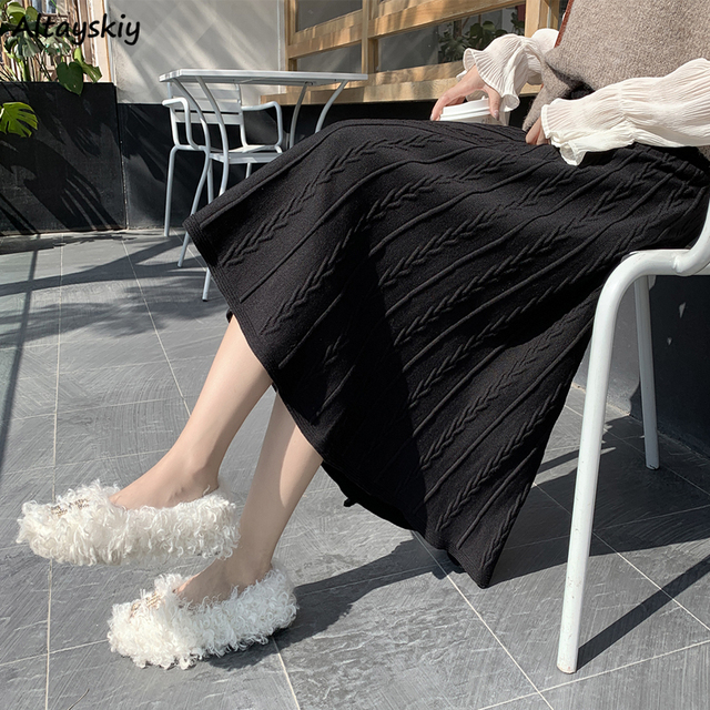 Spódnica damsko-jesienna o długości do połowy łydki, jednolitej faktury, wysokim stanem i elastyczna linia w modnym stylu OL Faldas - tanie ubrania i akcesoria