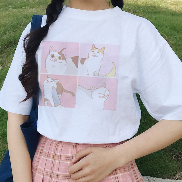 Kot kreskówkowy damski T-shirt harajuku kawaii casual moda lato Streetwear - tanie ubrania i akcesoria