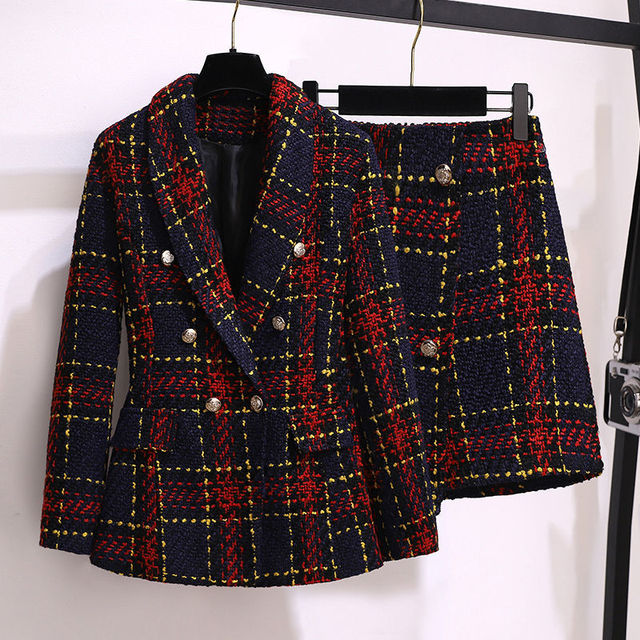 Zestaw blezer 2021 kobiet jesienno-zimowy w czerwoną kratę - Vintage tweed, damska garsonka z krótką spódniczką - tanie ubrania i akcesoria