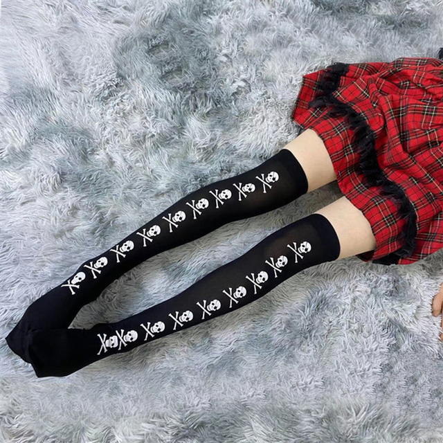 Pończochy damskie Harajuku Gothic Punk Czaszka Sexy w intensywnym czarnym kolorze z długim stretchem - prezent na Boże Narodzenie dla dziewczyny - tanie ubrania i akcesoria