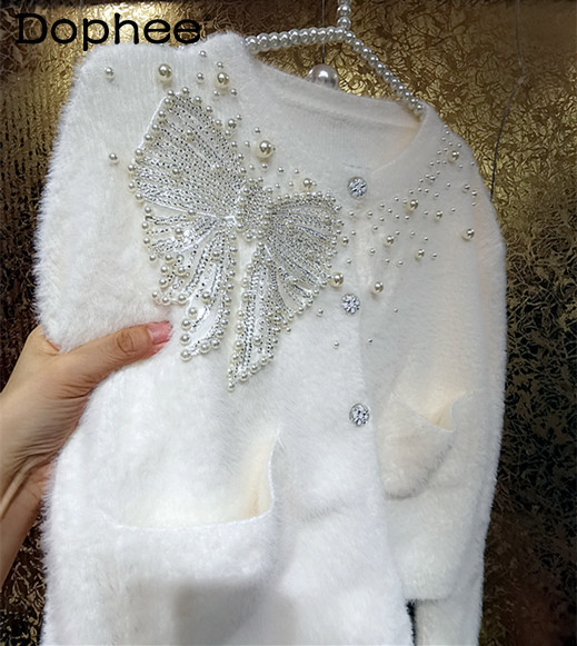 Elegancki sweter z cekinami 3D w kolorze białym, w stylu łukowym, dla kobiet, z miękkiego pluszu, idealny na jesień i zimę - tanie ubrania i akcesoria