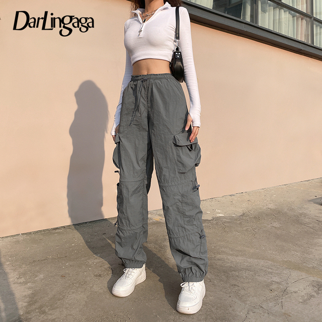 Spodnie capri Darlingaga - Streetwear z dużymi kieszeniami, sznurkiem, dla kobiet. Low Rise, biegacze, workowate. Kolor jednolity na co dzień, jesienią - tanie ubrania i akcesoria