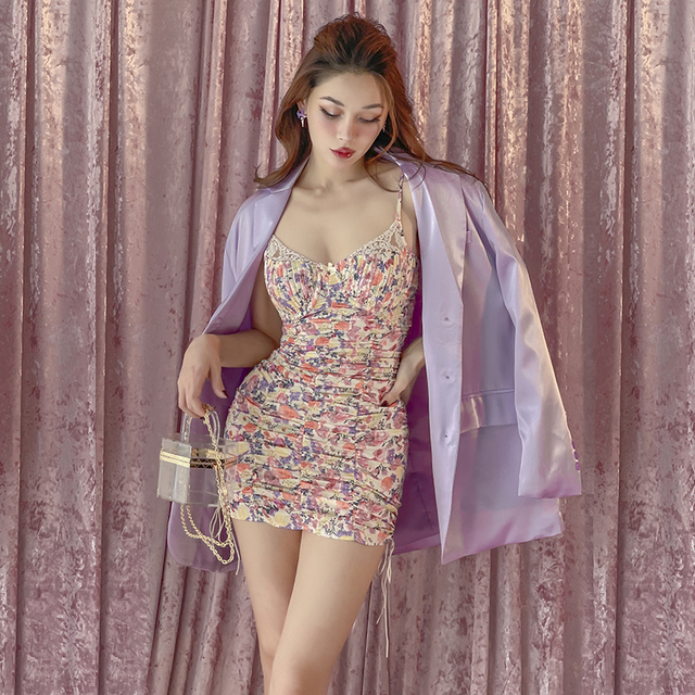 Sukienka damskia Kwiatowy dekolt bez rękawów 2021-lato - Sexy, Slim, z elastycznym pasem w talii - tanie ubrania i akcesoria