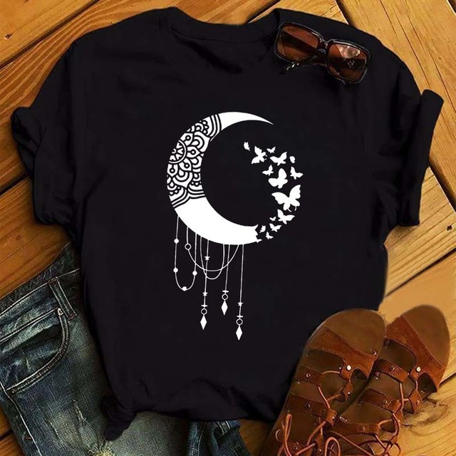 Koszula damska z motywem księżyca i gwiazdy - Estetyczny top z nadrukiem dla nowoczesnych kobiet - tanie ubrania i akcesoria