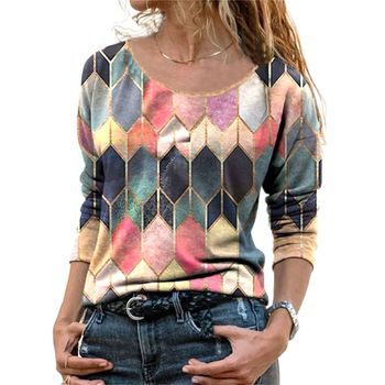 Nowa koszulka damska z geometrycznymi wzorami, długim rękawem i dekoltem O-Neck w stylu vintage