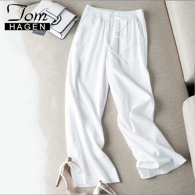 Vintage spodnie bawełniane lniane kobiece, szerokie nogawki, biały klasyczny design - tanie ubrania i akcesoria