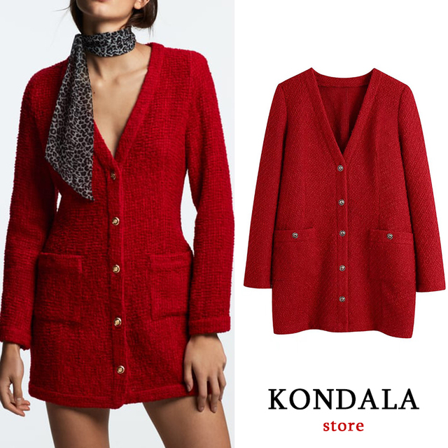Sukienka damska KONDALA Vintage Chic 2021, czerwona, prosta mini z długim rękawem V-neck - tanie ubrania i akcesoria