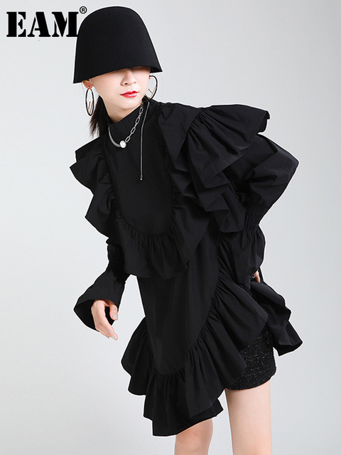 [EAM] Sukienka kobieca z długim rękawem w kolorze czarnym, z ozdobnymi falbanami - nowość! (wiosna/jesień 2022) - tanie ubrania i akcesoria