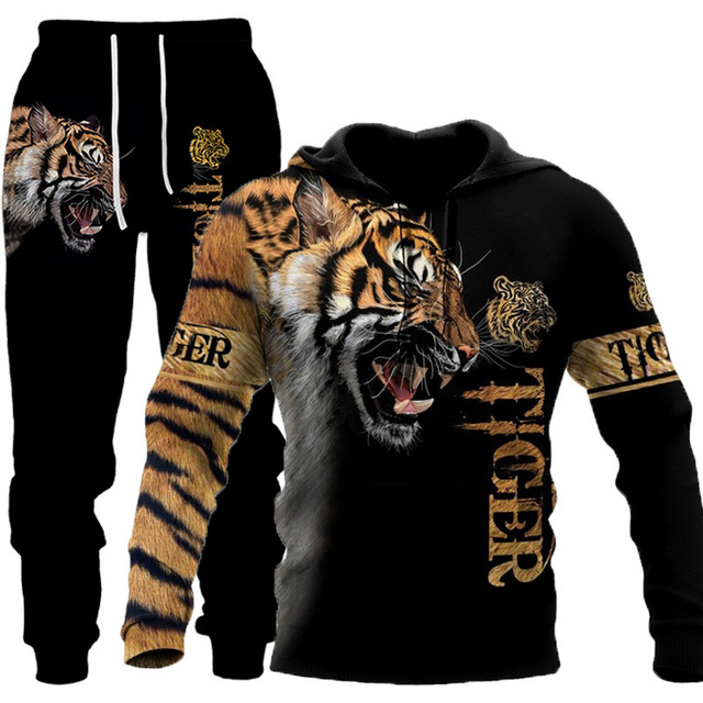 Męska bluza z kapturem 3D z grafiką tygrysa, zestaw dresowy z bluzą i spodniami sportowymi - długie rękawy - tanie ubrania i akcesoria