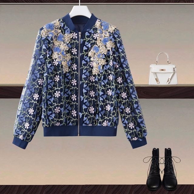 Elegancki damski trencz w kwiaty z kryształowym haftem w stylu vintage na wiosnę z casualowym zipperem i siatkową kurtką - tanie ubrania i akcesoria