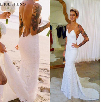 Elegancka biała sukienka ślubna 2021 odsłaniająca plecy z koronkowym wzorem E JUE SHUNG Mermaid Beach Boho