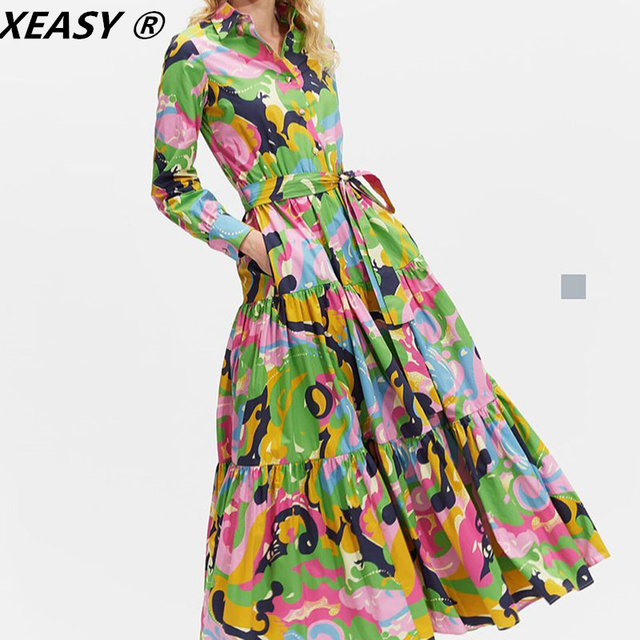 Kobieca sukienka Vintage XEASY 2021 z długim rękawem, ozdobnym lukrem i pasem - tanie ubrania i akcesoria