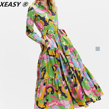 Kobieca sukienka Vintage XEASY 2021 z długim rękawem, ozdobnym lukrem i pasem