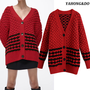 Cardigan kobiecy żakardowy z V-neckiem, czerwony, modny sweter z długim rękawem w stylu rozpinanym ZA 2021