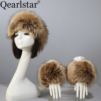 Czapki zimowe mankiety elastyczne czapki czapka z futrem, pałąkiem i odłóżnymi rękawiczkami