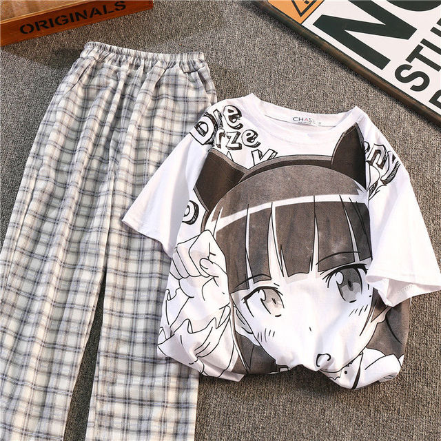 Damska casual dwuczęściowa odzież z krótkim rękawem, koszulka i szerokie spodnie nogi w kratę - tanie ubrania i akcesoria