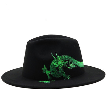 Ręcznie malowany, zielony smok na wełnianym cylindrze Unisex- płaski, szeroki, ciepły jazzowy kapelusz Fedora - Vintage Party, filcowy Chapeau