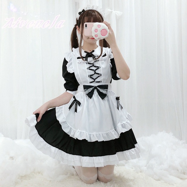 Sukienka jednolita Lolita OP w stylu pokojówki, kolor biały z czarnymi akcentami, dla dziewcząt i kobiet, japoński styl Kawaii, idealna na karnawał - AFC1032 - tanie ubrania i akcesoria