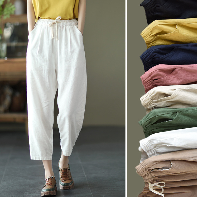 Spodnie Capri Plus Size - luźne, bawełniane lniane, przycięte do kostek, w pasie - tanie ubrania i akcesoria